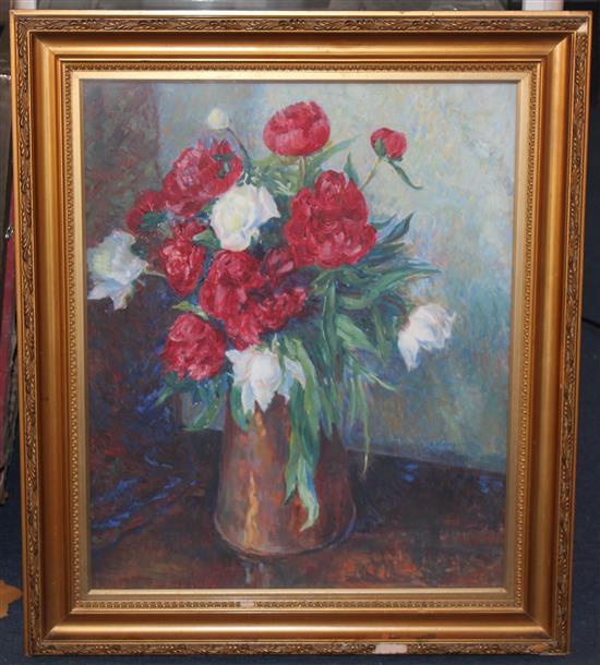 § James Bolivan Manson (1879-1945) Still life of red and white roses in a vase, 23 x 19in.